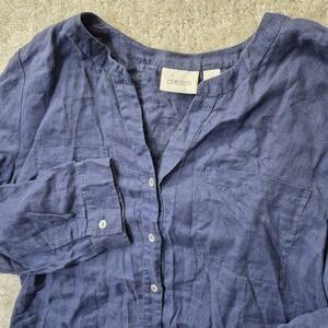 Chico's Linen Button Up Shirt Womens Large 2 Blue Top Roll Tab Lagenlook Beach